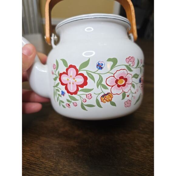 Vintage 80s Gailstyn-Sutton Enamelware Teapot Kettle Country Flower Wood Handle - Picture 9 of 16